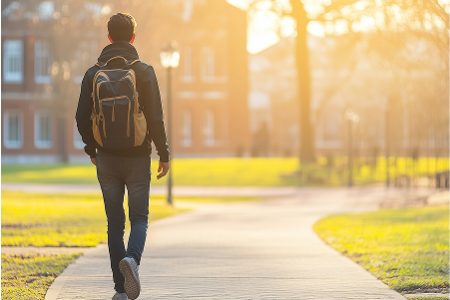 A man with a backpack is walking down a sidewalk
